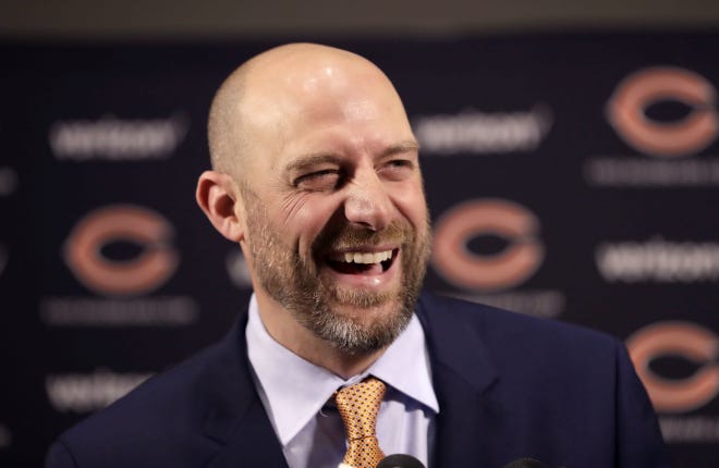 Matt Nagy laughs after Chicago Bears general manager Ryan Pace introduces him as the club's 16th head coach in franchise history during a news conference Tuesday, Jan. 9, 2018, in Lake Forest. [CHARLES REX ARBOGAST]