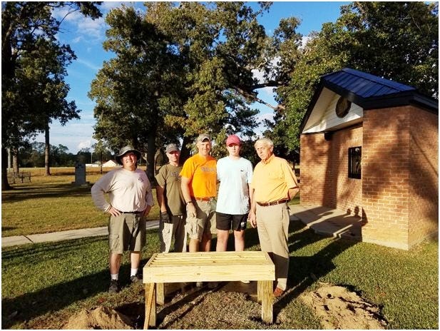 Pictured left to right are Scoutmaster Pat O’Hara, David Medeiros, Assistant Scoutmaster Jayson Gilberti (Nick’s father and Eagle project coach), Life Scout Nick Gilberti, and C.C.Livingston, (Director of Operations for the Averasboro Battlefield Museum). [Contributed photo]