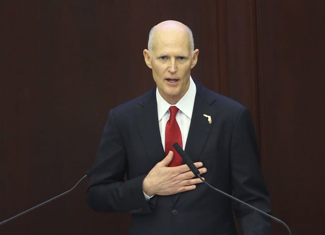 Gov. Rick Scott delivers his last State of the State address on the first day of the legislative session on Tuesday in Tallahassee. [Steve Cannon/The Associated Press]