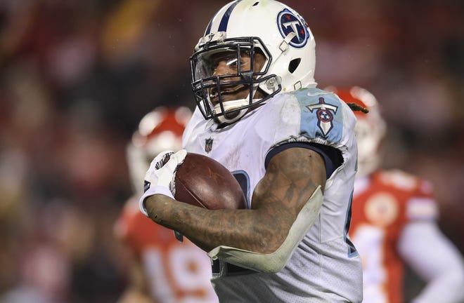 Tennessee Titans running back Derrick Henry (22) runs for a touchdown against the Kansas City Chiefs during the second half of a wild-card playoff game in Kansas City, Mo., Saturday, Jan. 6, 2018. (AP Photo/Reed Hoffmann)