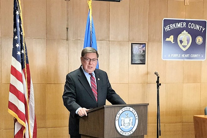 In media conferences across his district kicking off the 2018 session of the New York State Senate, state Sen. James Seward on Wednesday detailed his legislative priorities. During a stop at the Herkimer County Office Building, Seward said creating opportunities for economic growth while improving the state’s affordability are the fundamental priorities he will focus on. [SUBMITTED PHOTO]
