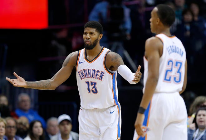 Oklahoma City's Paul George (13) reacts to a call during the NBA basketball game between the Oklahoma City Thunder and the Portland Trailblazer at Chesapeake Energy Arena, Tuesday, Jan. 9, 2018. Photo by Sarah Phipps, The Oklahoman