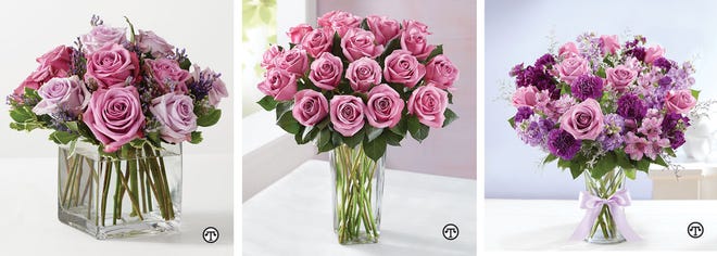 Lavender and purple roses in a chic clear vase make the Graceful Lavender Bouquet a beautiful gift at any time.    Give your family and friends the royal treatment with a Passion for Purple Roses bouquet.     This Shades   of Purple bouquet can brighten just about anyone’s day.  (NAPS)