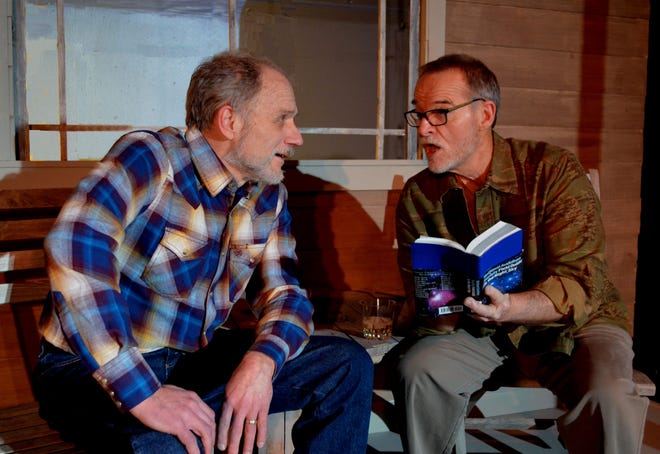 Ames (Rob May at right) shares his excitement with his old friend Byron (Michael Kramer) about the upcoming total lunar eclipse in Sam Shepard’s “Ages of the Moon.”   The comedy-drama plays at Carpenter Square Theatre January 12-27 at 800 W. Main in downtown Oklahoma City. For more information, visit carpentersquare.com, and for tickets, call 405-232-6500. [photo provided]
