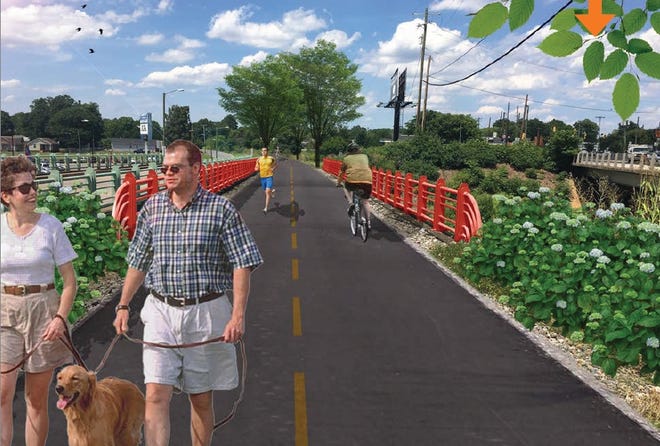 A rendering from the Isothermal Regional Bicycle Plan shows how a railway in Shelby over U.S. 74 could be convereted into a multi-use trail for biking and walking. [Special to The Star]