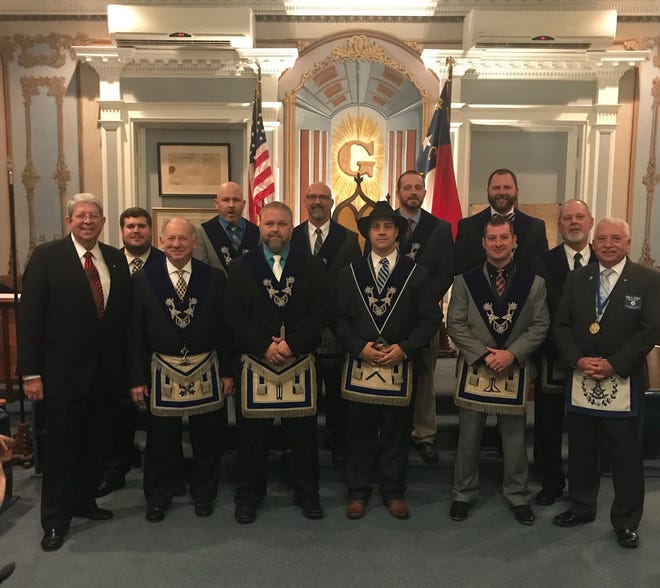 On Jan. 8, St. John's No. 3 Masonic Lodge in New Bern installed its officers for 2018. The lodge meets in its historic lodge building located at 516 Hancock St., New Bern, on the second and fourth Wednesdays each month at 7:30 p.m. Pictured, from left, are, front row, James Wiley (treasurer), Jeremy Taylor (junior warden), David Daniels (master), Billy Zerby (senior warden), Bobby Meadows (deputy district grand master 7th District), and back row, Fred Whitty (installing marshal), Tim Gill (junior steward), Eric Lockwood (senior deacon), Michael Sprague (chaplain), Ryan Jones (senior steward), David Sawyer (secretary) and Bill Zerby (junior deacon). Wes Farmer (tyler) is not pictured. [CONTRIBUTED PHOTO]
