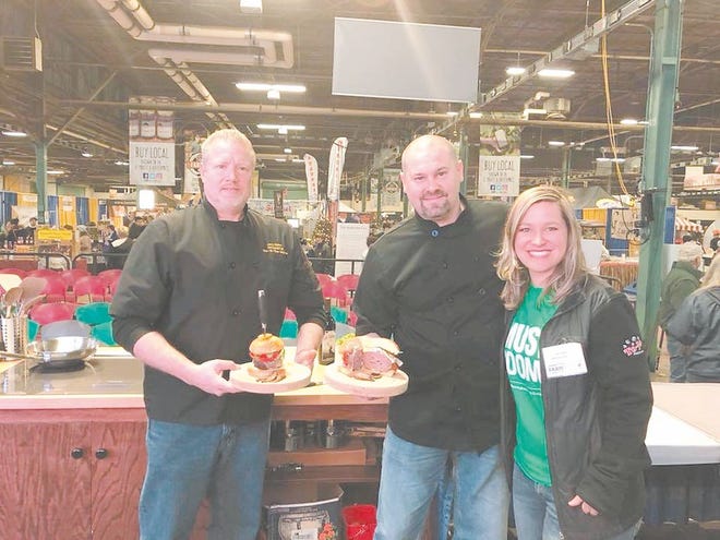 Jerry Gates of Waynesboro and Chris Schriver of Greencastle demonstrated Uncle Mayham’s Mushroom Burger during Mushroom Day at the Pennsylvania Farm Show. To-Jo Mushrooms, represented by Samantha Snyder, provided their mushrooms.