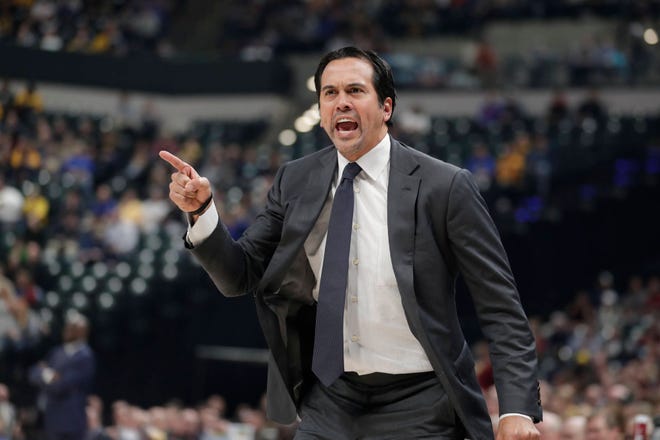 Michael Conroy/AP Miami Heat head coach Erik Spoelstra yells to officials during the first half against the Indiana Pacers in Indianapolis, Wednesday, Jan. 10, 2018. Spoelstra received a technical on the exchange.