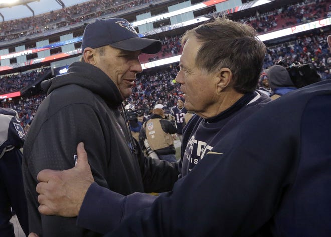 Tennessee Titans then-interim head coach Mike Mularkey, left, speaks to New England Patriots head coach Bill Belichick after a game in 2015. The Titans and Patriots play in a divisional playoff game on Saturday , in Foxborough, Mass. [The Associated Press]