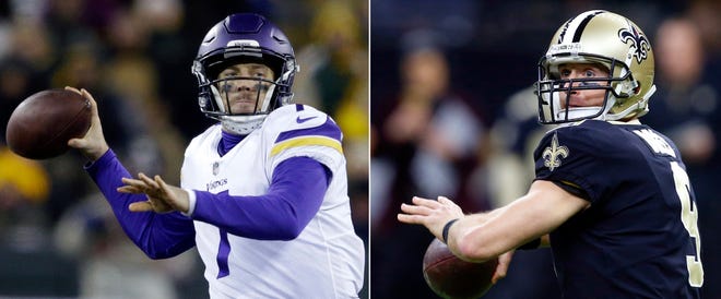 At left, in a Dec. 23, 2017, file photo, Minnesota Vikings’ Case Keenum throws during al game against the Green Bay Packers in Green Bay, Wis. At right, in a Dec. 24, 2017, file photo, New Orleans Saints quarterback Drew Brees (9) drops back to pass iagainst the Atlanta Falcons in New Orleans. The Saints and Vikings plays in a divisional playoff game on Sunday in Minneapolis. (AP Photo/Butch Dill, File)