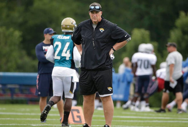 Jaguars coach Doug Marrone stands on the field during a joint practice with the New England Patriots on Aug. 7 in Foxborough, Mass. (AP Photo/Steven Senne)