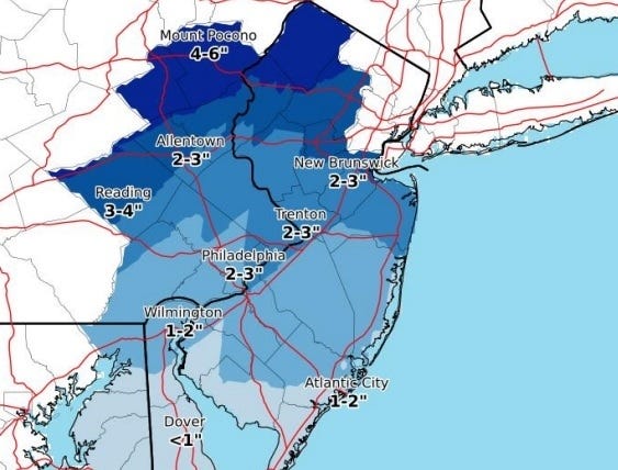 Projected snow totals as of 6:30 a.m., Tuesday, January 16, 2018, from the National Weather Service in Westampton, N.J. [National Weather Service]