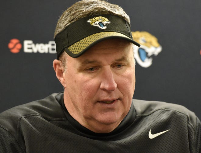 Jacksonville Jaguars head coach Doug Marrone talks with reporters following a win over the Pittsburgh Steelers in an NFL divisional football AFC playoff game in Pittsburgh on Sunday. [AP Photo / Don Wright]