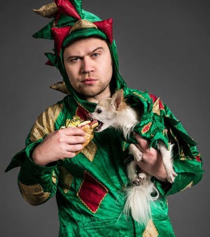 John van der Put as Piff the Magic Dragon, with his sidekick Mr. Piffles. The comedic magic duo perform at the Greenwich Odeum on Jan. 26. PHOTO COURTESY OF PIFFTHEMAGICDRAGON.COM