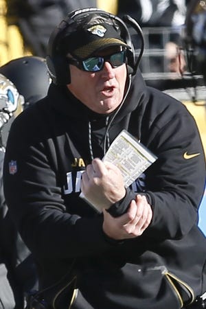 Jacksonville Jaguars head coach Doug Marrone coaches during his team's win over the Pittsburgh Steelers on Sunday. In his first season at the helm, Marrone changed the culture of the team, taking away recreational activities and ran a physical training camp. It paid off in a trip to the AFC Championship game. [The Associated Press]