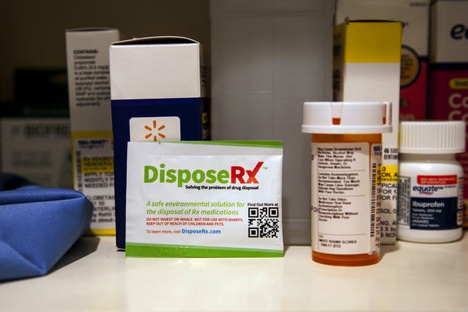 This photo provided by Walmart shows a packet of DisposeRx. Walmart is helping customers get rid of leftover opioids by giving them packets of DisposeRx, which turn the addictive painkillers into a useless gel. Walmart announced Wednesday, Jan. 17, 2018, that it will provide the packets free with opioid prescriptions filled at its 4,700 U.S. pharmacies. (Courtesy of Walmart via AP)
