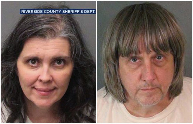 These Sunday, Jan. 14, 2018, photos provided by the Riverside County Sheriff's Department show Louise Anna Turpin, left, and David Allen Turpin. Authorities say an emaciated teenager led deputies to a Perris, Calif., home where her 12 brothers and sisters were locked up in filthy conditions, with some of them malnourished and chained to beds. Riverside County sheriff's deputies arrested the parents David Allen Turpin and Louise Anna Turpin on Sunday. The parents could face charges including torture and child endangerment. (Riverside County Sheriff's Department via AP)