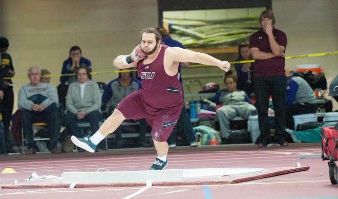 Jared Kern, the former Harlem star thrower, gets set to unleash a shot put during the indoor season last year. Kern dominated the NCAA world during the indoor season last year, and is off to a good start this year as well. [PHOTO PROVIDED]