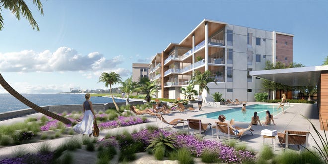 A rendering of the Gulf-front Oceane condo project on Siesta Key shows the pool and cabana area. Crossgate Partners LLC is the developer. [Rendering by ADHoc Studio]