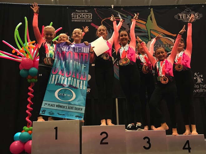 The Edgewater Gymnastics USA Xcel Silver team placed second at a recent meet in Knoxville, Tenn. Left to right: Riley Harris, Lena Dooly, Anna Carlson, Jadeyn Popp, Mary Davis, Allee McDougall, Bella Moreira, Hayley Cummings. [Contributed Photo]
