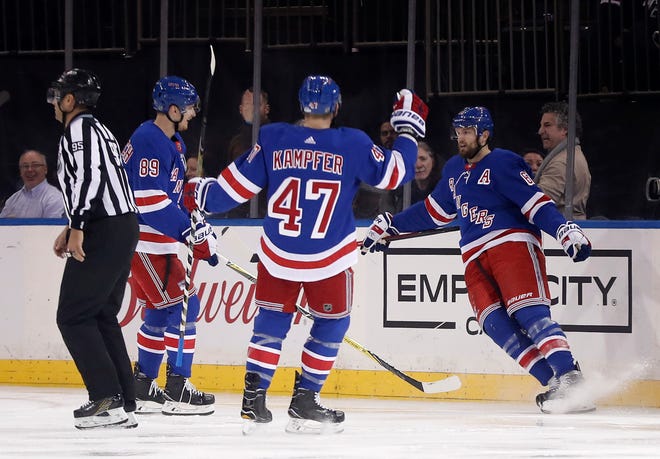 New York Rangers right wing Rick Nash (61) celebrates with teammates after scoring a goal against the Buffalo Sabres during the first period of an NHL hockey game Thursday, Jan. 18, 2018, in New York. (AP Photo/Julie Jacobson)