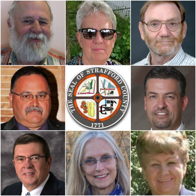 The candidates seeking to fill the vacant Strafford County Commissioner seat are, clockwise from upper left, James Bubar, Elizabeth Fischer, Fred Kaen, Dale Sprague, Deanna Rollo, Mary Ellen Humphrey, David Stevens and Derek Peters. [Courtesy photos]