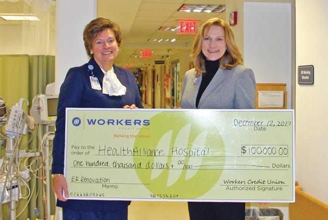 Deborah Weymouth, left, president and CEO of UMass Memorial HealthAlliance-Clinton Hospital, thanks Sandra Sagehorn-Elliott, executive vice president, chief operating officer of Workers Credit Union, for its donation to the UMass Memorial HealthAlliance-Clinton Hospital Emergency Room expansion initiative on the Leominster Campus. SUBMITTED PHOTO