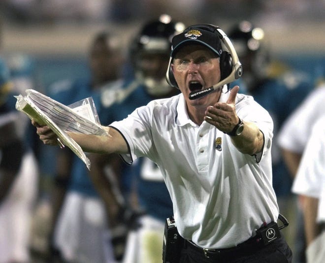 In this Nov. 25, 2001 file photo, Jacksonville Jaguars coach Tom Coughlin argues a call with officials in the third quarter of an NFL game against the Baltimore Ravens in Jacksonville, Fla. It’s no exaggeration to say Tom Coughlin built the Jaguars from the ground up. It’s also no exaggeration to say Coughlin’s last piece of unfinished business would be bringing a Super Bowl title to the town he helped put on the map. (Scott Audette/AP File Photo)