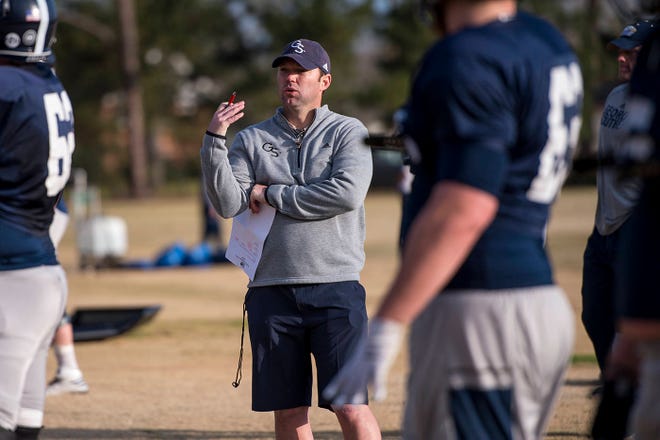 Former Georgia Southern head coach Tyson Summers talks with players during spring training in March 2017. (Josh Galemore/Savannah Morning News File Photo)