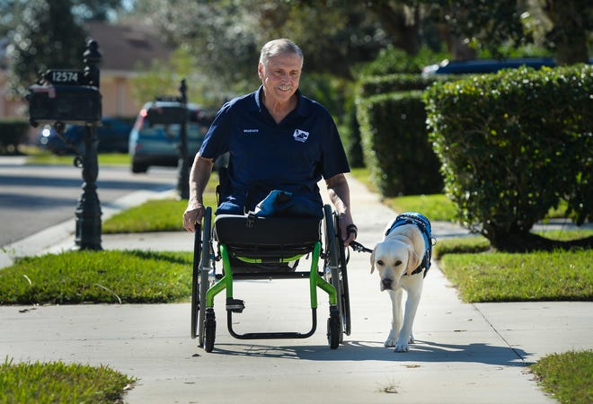 Vietnam veteran Bob Calderon rolls through his neighborhood with his guide dog, Mae. [Dan Wagner/Gatehouse Media]