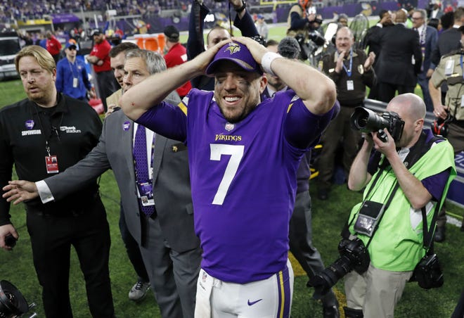 Minnesota Vikings quarterback Case Keenum (7) celebrates following a 29-24 win over the New Orleans Saints in an NFL divisional football playoff game in Minneapolis last week. [AP Photo / Charlie Neibergall]