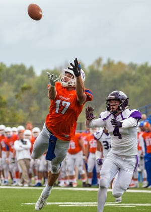Former Boylan standout Dan Arnold (17) reaches for a pass in 2016 against the University of Wisconsin-Whitewater. During his senior season at UW-Platteville, Arnold averaged more than 100 yards receiving per game and set a Pioneers record with 16 receiving touchdowns. He is now a member of the New Orleans Saints in the NFL. [PHOTO PROVIDED BY ANDY MCNEILL/UW-PLATTEVILLE]