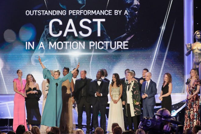 Frances McDormand takes the stage with the cast and crew of "Three Billboards Outside Ebbing, Missouri" at the 24th Annual Screen Actors Guild Awards at the Los Angeles Shrine Auditorium and Expo Hall on Sunday, Jan. 21, 2018.