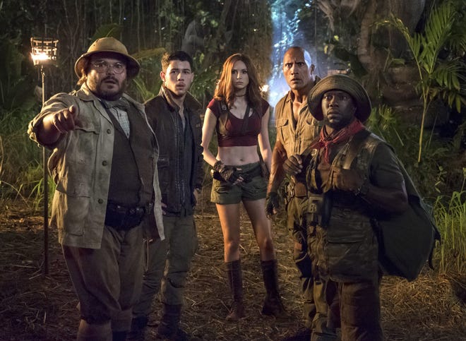 Jack Black, Nick Jonas, Karen Gillan, Dwayne Johnson and Kevin Hart star in the film, "Jumanji: Welcome to the Jungle." (Frank Masi/Sony Pictures)
