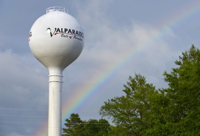 DEVON RAVINE | Daily News

A rainbow shines behind the Valparaiso water tower on Wolverine Drive in this photo from May 2014.