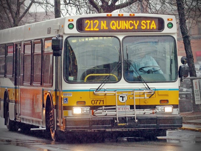 An MBTA bus on its route in 2012