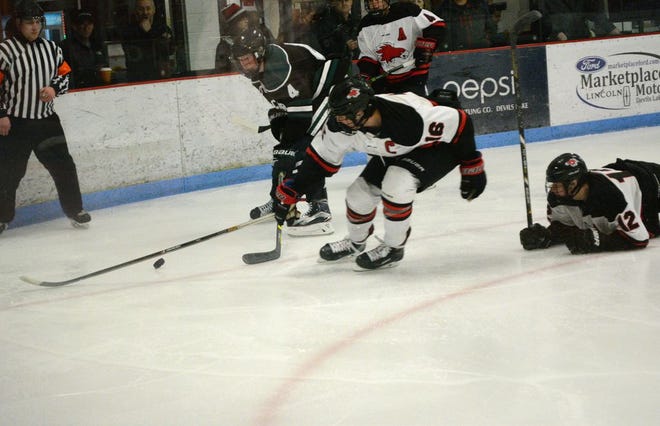 Firebird Carson Lovin pokes the puck away from Packer Chase Forthun.