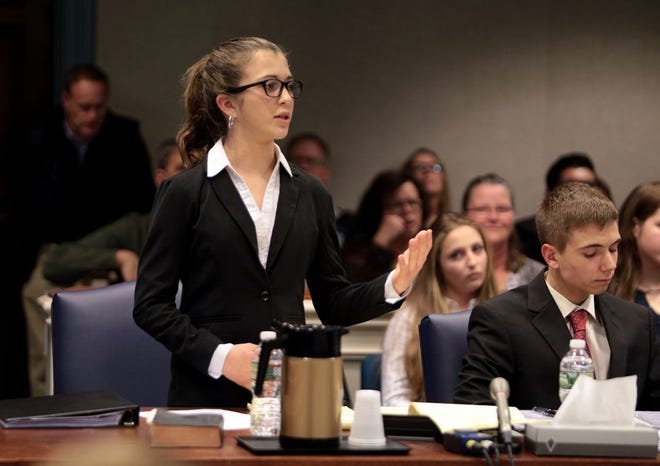 New Jersey Herald File Photo - High Point's Calissa Gaechter, as an attorney for the prosecution, makes an objection during the first round of the county mock trial competition at the Sussex County Judicial Complex in Newton earlier this month. High Point will face Newton in the final round Thursday.