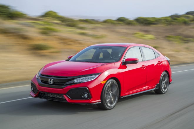 The 2018 Honda Civic hatchback is a thoroughly competent compact that re-establishes Honda as a leader in this class, according to Edmunds. Compared to the rival Golf, it offers about 10 percent less cargo space, but it compensates with quicker acceleration, more frugal fuel economy, and a sportier driving feel. [Courtesy of American Honda Motor Co. via AP]