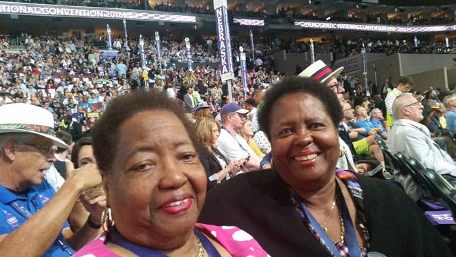 Joyce Cusack, right, shown with her sister Joan Lane at the 2016 Democratic National Convention in Philadelphia, is among three African-American elected officials in Volusia County endorsing Nancy Soderberg for Congress. [Susanne Raines]