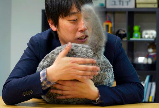 In this Jan. 10, 2018 photo, Yukai Engineering's Tsubasa Tominaga demonstrates Qoobo, a cushion robot, at his office in Tokyo. A fuzzy, huggable cushion with a whimsically swishy tail, Qoobo is designed to deliver a calming therapeutic effect for the cat-lover who can’t have a real kitty. The relatively affordable home robot targets the elderly, kids and hard-working salarymen pressed for time. Unlike real children or pets, they have off switches and don’t need constant attention, dog food or cat litter. (AP Photo/Shizuo Kambayashi)
