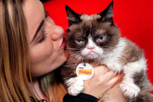 FILE - In this Nov. 14, 2016, file photo, Grumpy Cat poses for photos with her owner, Tabatha Bundesen, in New York. According to documents obtained by The Washington Post, Bundesen won a lawsuit first filed three years ago against the Grenade beverage company. She signed on for the cat to endorse a “Grumpy Cat Grumpuccino,” but the company subsequently used the cat’s image to help sell other products, which an eight-person jury on Monday, Jan. 22, 2018, found was unauthorized. (AP Photo/Richard Drew, File)