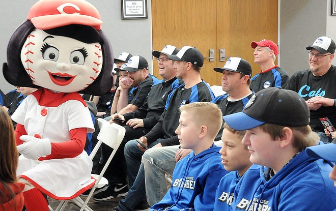 Cincinnati Reds mascot "Rosie Red" entertains Reds fans during a visit at the Pritchard Laughlin Civic Center Thursday afternoon. The Red's caravan that stopped by had several players and management to answer questions, give autographs and an outlook for this season.