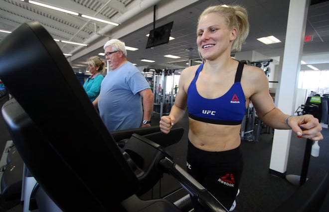 UFC fighter Justine Kish works out at the Warlick Family YMCA on Robinwood Road in Gastonia last Tuesday morning in preparation of Saturday's UFC Fight Night match against Ji Yeon Kim in Charlotte. [Mike Hensdill/The Gaston Gazette]