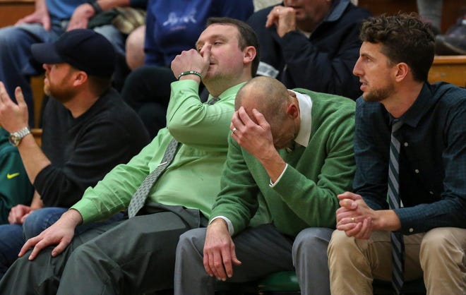 Sheldon's head coach Daniel Clark (left) reacts during the second half as No. 8 North Medford handled No. 17 Sheldon 70-59 in Southwest Conference play in Eugene on Friday, Jan. 26, 2018. (Collin Andrew/The Register-Guard)