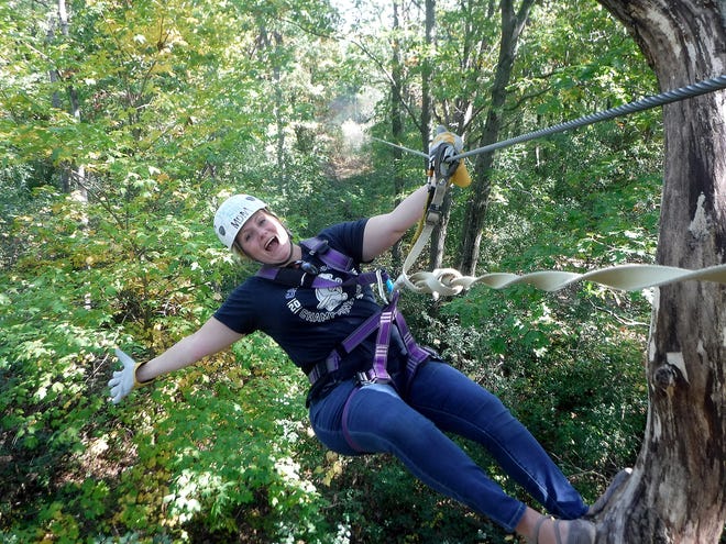 Tabitha Engel of Lena celebrated her 39th birthday last October by flying through the trees on a zip line at Lake Geneva Canopy Tours in Lake Geneva, Wisconsin. Engel writes a blog called "Trippin' Midwest Mama," offering tales of her travels and tips for readers to find affordable excursions both in the Midwest and around the world. [PHOTO PROVIDED]