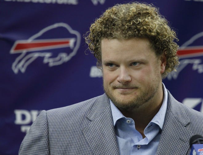 Eric Wood can't officially retire as legal language of his contract with the Buffalo Bills is sorted out. [AP Photo/Jeffrey T. Barnes]