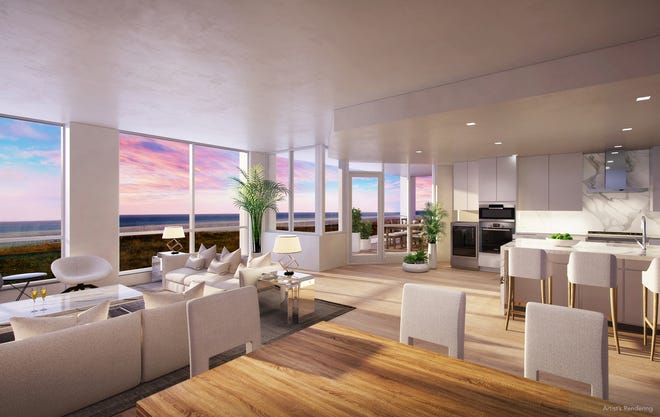 The living room and kitchen of one of the units at the Halcyon Siesta Key. [Rendering provided]