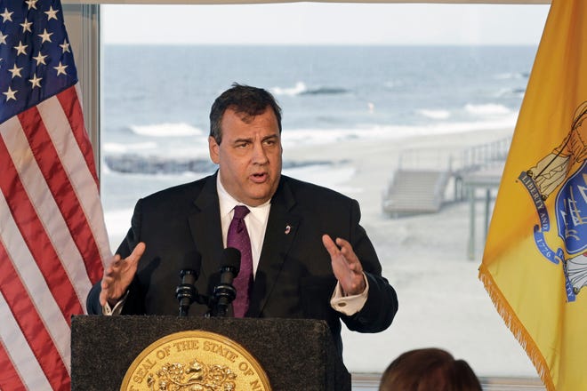 FILE - In this April 18, 2013, file photo, New Jersey Gov. Chris Christie discusses employment and homeowner rebates while addressing a gathering near the Atlantic Ocean in Long Branch, N.J. [AP Photo/Mel Evans, File]