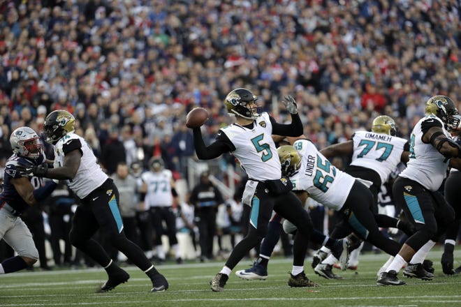 Jaguars quarterback Blake Bortles throws a pass against the New England Patriots during the AFC Championship Game. (Associated Press)